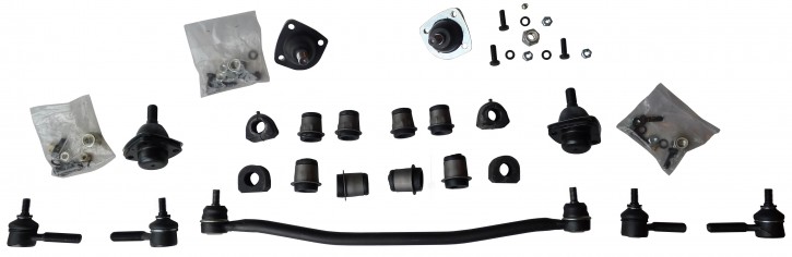 set-riparazione asse anteriore 21 pezzi: 4 testine sterzo completi, 1 barra centrale, 4 testine inferiore completi, 8 boccole per braccio, 4 gommini p. stabilizzatore